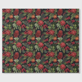 Papier Cadeau Rouge Berries Pinecones Pine branche Floral Xmas C (Plat)
