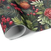 Papier Cadeau Rouge Berries Pinecones Pine branche Floral Xmas C (Coin rond)