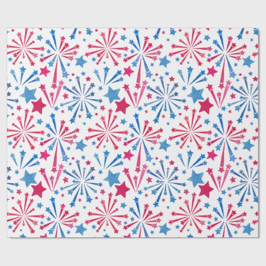 Papier Cadeau Rouge blanc et bleu Feu d'artifice d'aquarelle (Plat)