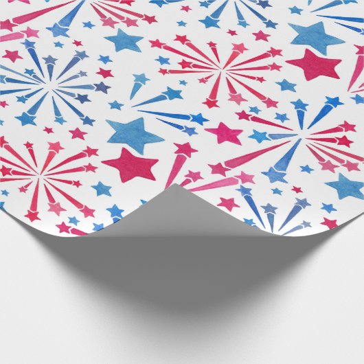 Papier Cadeau Rouge blanc et bleu Feu d'artifice d'aquarelle (Coin)