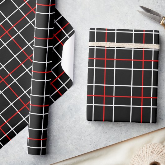 Papier Cadeau Rouge Blanc Motif à carreaux noirs lignes graphiqu