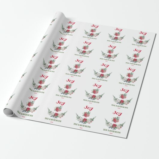 Papier Cadeau Rouge Blanc Noël Floral Joie Fêtes Monogramme (Déroulé)