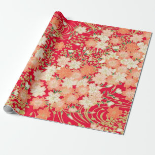 Papier Cadeau Rouge Blanc Or Japonais Kimono Floral Découpage