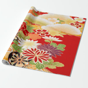 Papier Cadeau Rouge Blanc Vert Japonais Kimono Floral Découpage