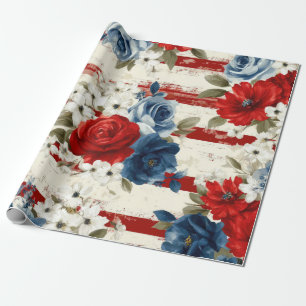 Papier Cadeau Rouge Bleu Blanc Floral Patriotique (2)