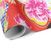 Papier Cadeau Rouge bleu rose japonais Kimono Floral Découpage (Coin rond)
