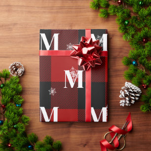 Papier Cadeau Rouge Carreaux & Flocons Monogramme Initiale Hiver