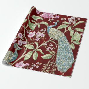 Papier Cadeau Rouge Chinoiserie paon floral élégant découpage