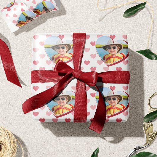 Papier Cadeau Rouge + Coeurs roses Motif avec photo Saint-Valent