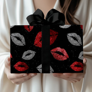 Papier Cadeau Rouge de la Saint-Valentin Lèvres Pailletées Argen