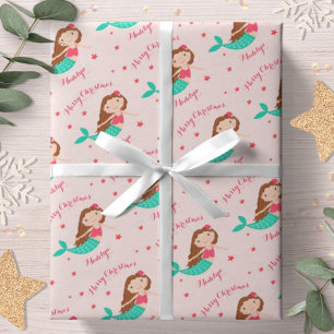 Papier Cadeau Rouge de Noël Sirène Rose Personnalisé