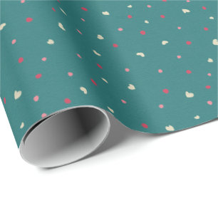 Papier Cadeau Rouge doux & pois verts avec des cœurs dorés