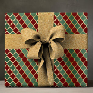 Papier Cadeau Rouge Élégant Vert Or Géométrique Quatrefeuille