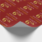Papier Cadeau Rouge, Faux Gold "HAPPY 6th BIRTHDAY" (Coin)