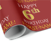 Papier Cadeau Rouge, Faux Gold "HAPPY 6th BIRTHDAY" (Coin rond)