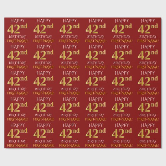 Papier Cadeau Rouge, Faux Gold "HEUREUX 42e anniversaire" (Plat)