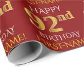 Papier Cadeau Rouge, Faux Gold "HEUREUX 92e anniversaire" (Coin rond)