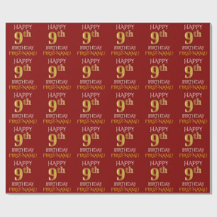 Papier Cadeau Rouge, Faux Gold "HEUREUX 9e anniversaire"