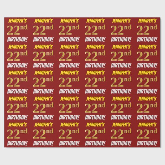 Papier Cadeau Rouge, Faux/Imitation Gold, "22e anniversaire" (Plat)
