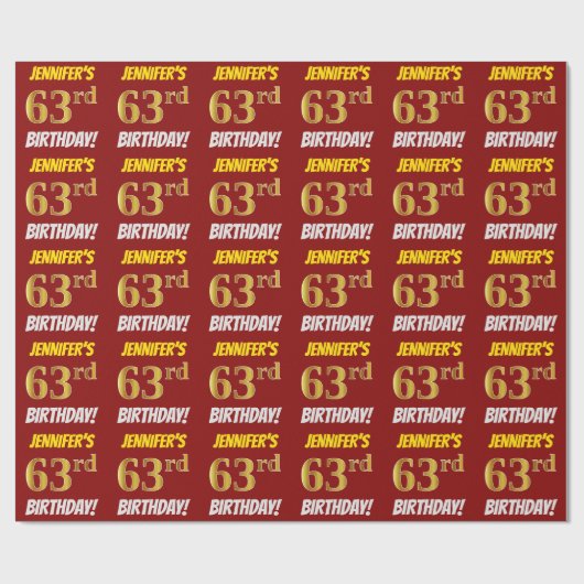 Papier Cadeau Rouge, Faux/Imitation Gold, "63e anniversaire" (Plat)
