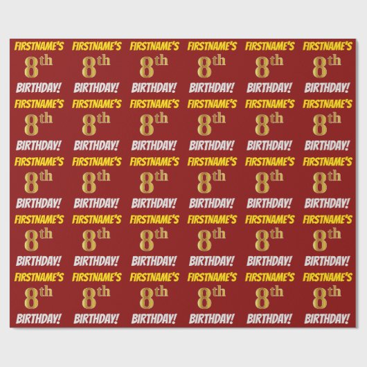 Papier Cadeau Rouge, Faux/Imitation Gold, "8e anniversaire" (Plat)