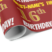 Papier Cadeau Rouge, Faux/Imitation Or, "16e anniversaire" (Coin rond)