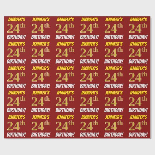 Papier Cadeau Rouge, Faux/Imitation Or, "24e anniversaire" (Plat)