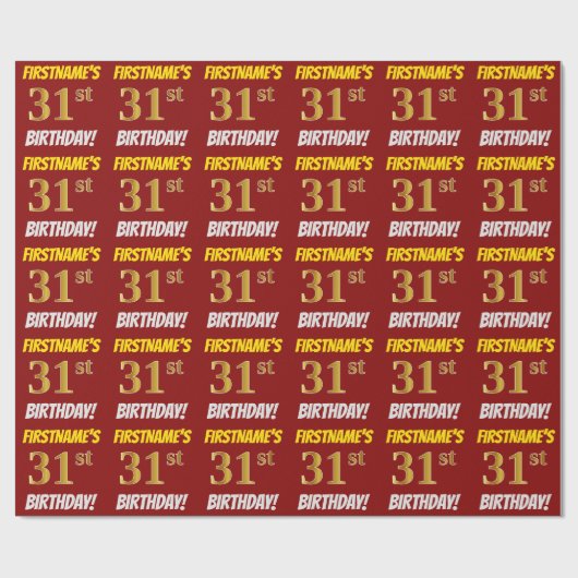 Papier Cadeau Rouge, Faux/Imitation Or, "31e ANNIVERSAIRE" (Plat)