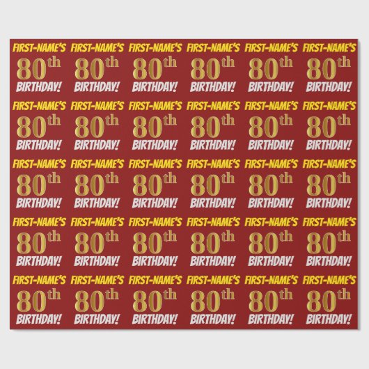 Papier Cadeau Rouge, Faux/Imitation Or, "80e ANNIVERSAIRE" (Plat)