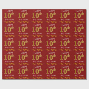 Papier Cadeau Rouge, Faux Or "HEUREUX 10ème anniversaire"