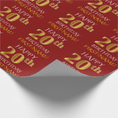 Papier Cadeau Rouge, Faux Or "HEUREUX 20e anniversaire" (Coin)