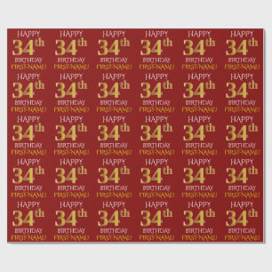 Papier Cadeau Rouge, Faux Or "HEUREUX 34ème anniversaire"