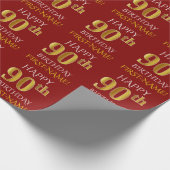 Papier Cadeau Rouge, Faux Or "HEUREUX 90ème anniversaire" (Coin)