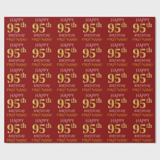 Papier Cadeau Rouge, Faux Or "HEUREUX 95ème anniversaire" (Plat)