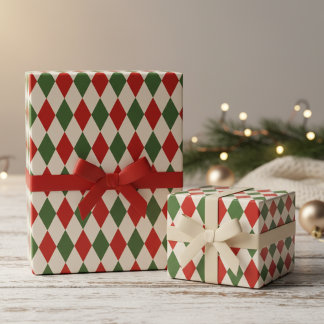 Papier Cadeau Rouge festif et vert diamants Argyle Noël