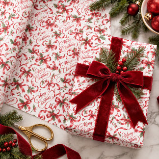 Papier Cadeau Rouge Festif Nœud Coquette Joyeux Noël Écriture