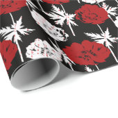 Papier Cadeau Rouge, fleurs blanches sur noir (Coin rond)