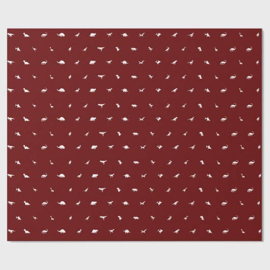 Papier Cadeau Rouge foncé avec silhouettes de dinosaure blanc (Plat)