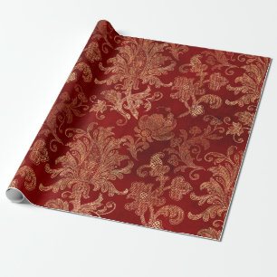 Papier Cadeau Rouge grenat et or Damassé vintage