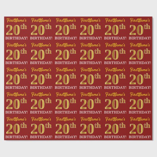 Papier Cadeau Rouge, Imitation Gold Look "20e anniversaire" (Plat)