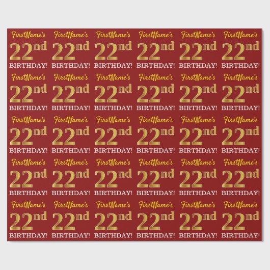 Papier Cadeau Rouge, Imitation Gold Look "22e anniversaire" (Plat)