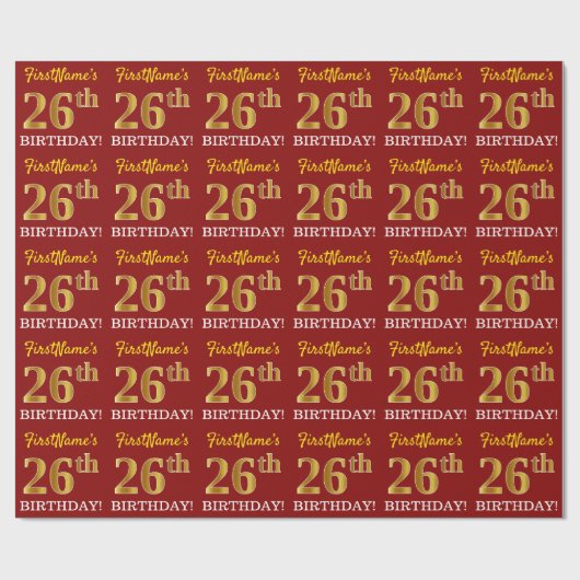 Papier Cadeau Rouge, Imitation Gold Look "26e anniversaire" (Plat)