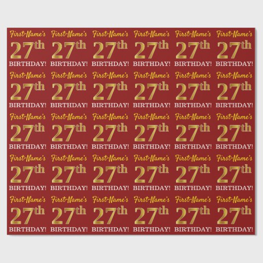 Papier Cadeau Rouge, Imitation Gold Look "27th BIRTHDAY" (Plat)