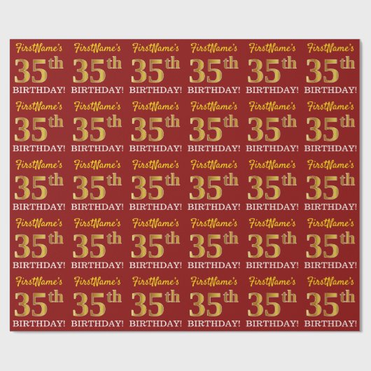 Papier Cadeau Rouge, Imitation Gold Look "35e anniversaire" (Plat)