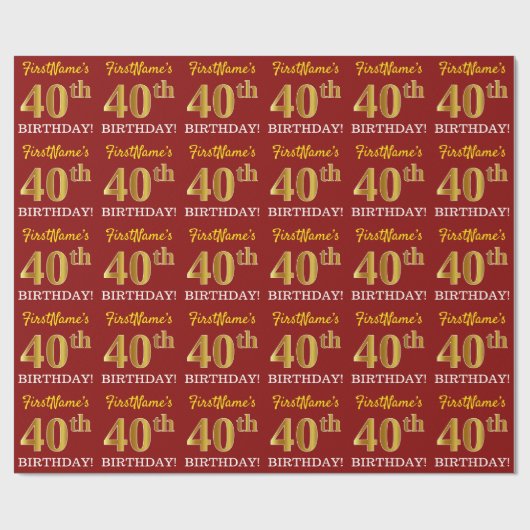 Papier Cadeau Rouge, Imitation Gold Look "40e anniversaire" (Plat)