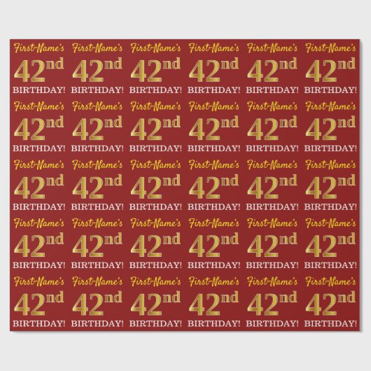 Papier Cadeau Rouge, Imitation Gold Look "42e anniversaire" (Plat)