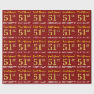 Papier Cadeau Rouge, Imitation Gold Look "51ème anniversaire"