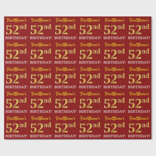 Papier Cadeau Rouge, Imitation Gold Look "52e anniversaire" (Plat)