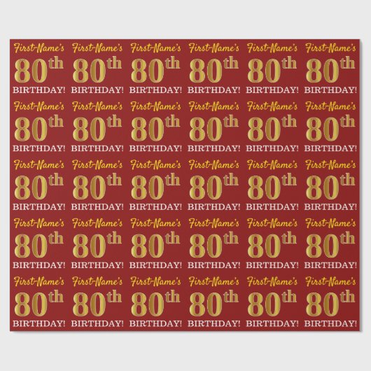 Papier Cadeau Rouge, Imitation Gold Look "80e anniversaire" (Plat)
