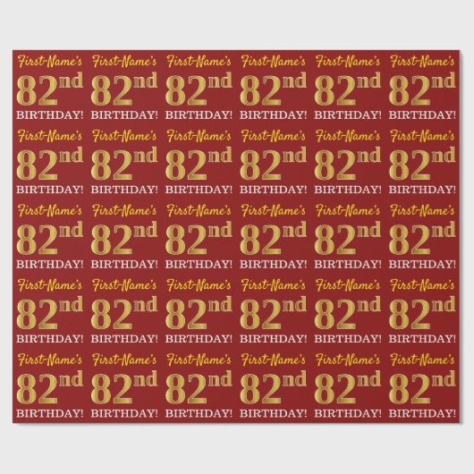 Papier Cadeau Rouge, Imitation Gold Look "82e anniversaire" (Plat)